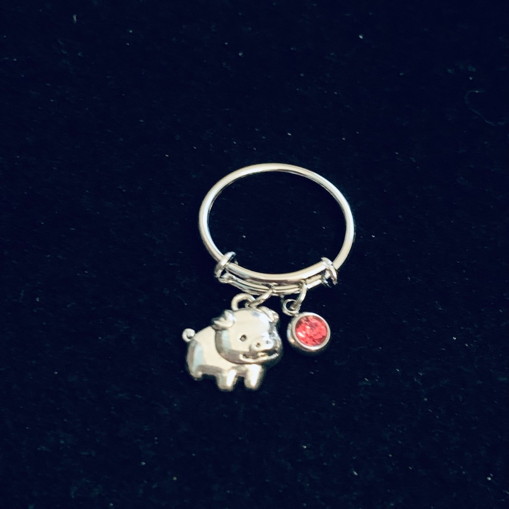 Pig charm dangle ring with birthstone charm